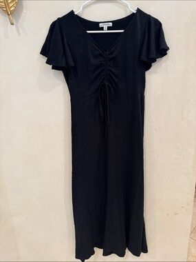 Max Studio Black V-Neck Ruched Midi Dress